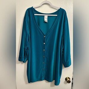 Roaman’s Women’s 5X Button Front V Neck Shirt Teal Blue Ribbed Velour